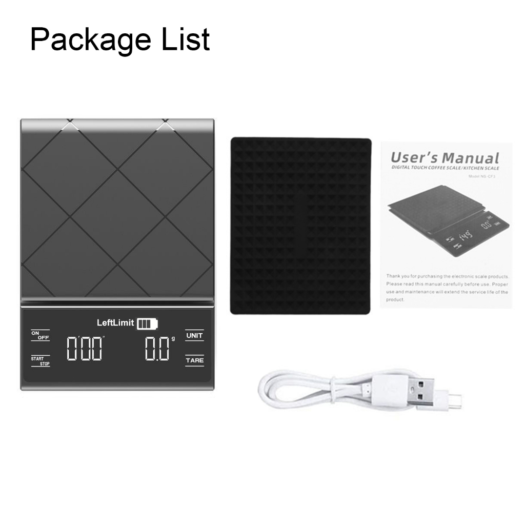 LeftLimit Rechargeable Coffee Scale with Timer 3kg/0.1g High Precision