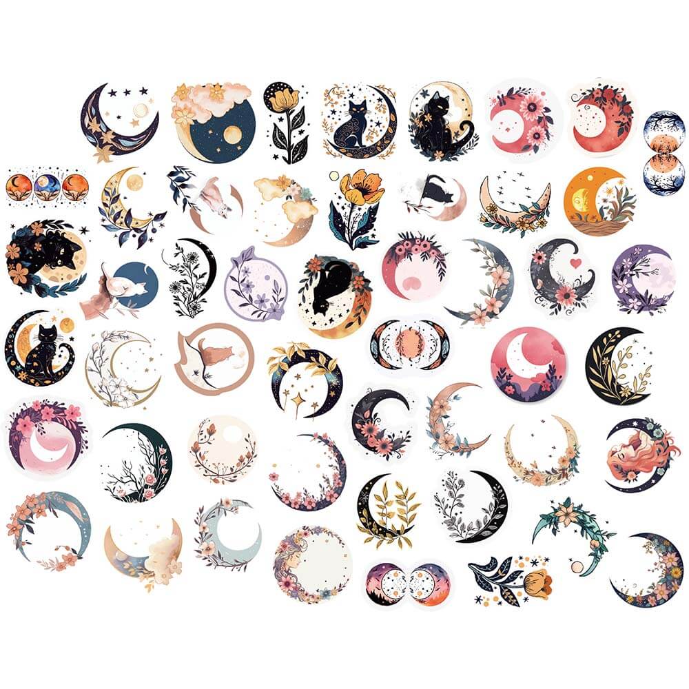 [Large stickers]50PCS Classic Moon Flowers Cats Stickers Aesthetic ...