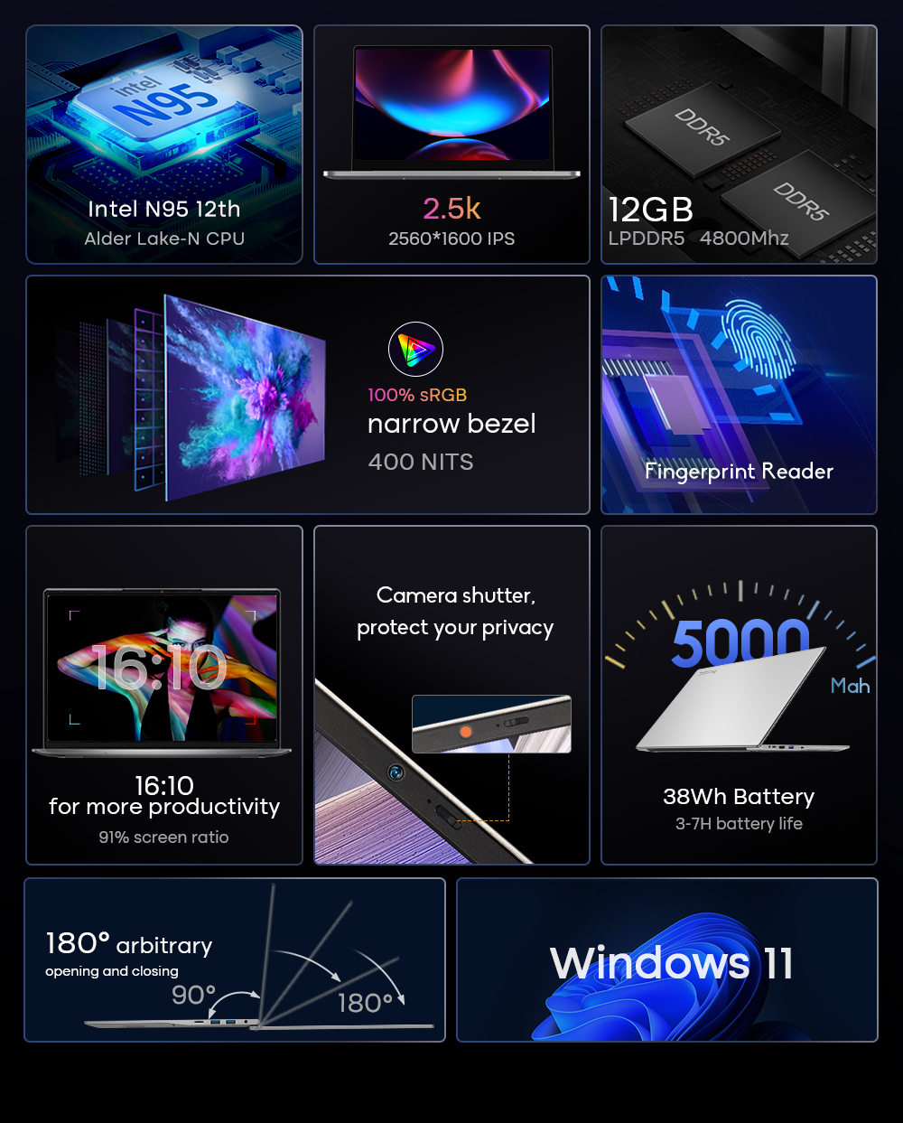 DERE R16 Pro Laptop 16 Inch Laptop Intel N95 2.5K IPS Screen 12GB DDR5 ...