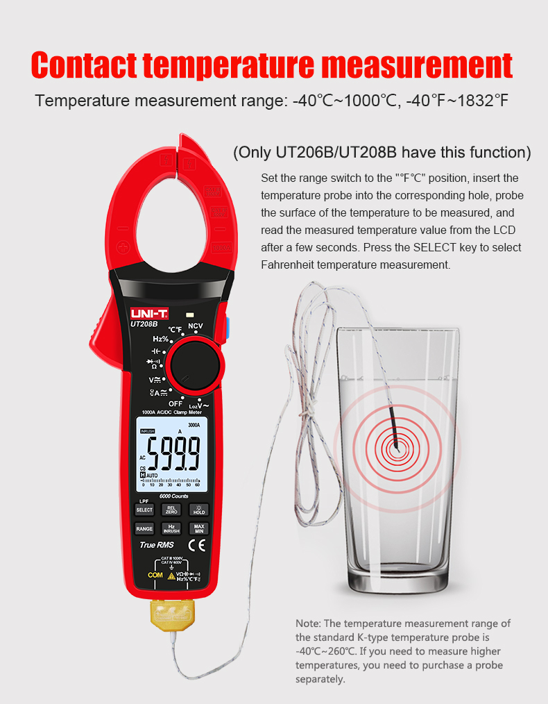 UNI-T True RMS Digital Clamp Meter AC DC Current 1000A 1000V UT207B ...