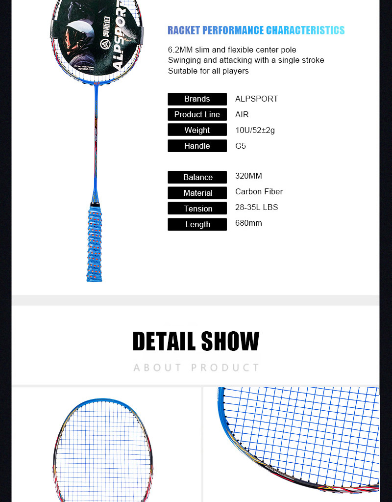 ALP AIR 10U 52g Super Light 30Lbs 100% Full Carbon Fiber Racquet High ...