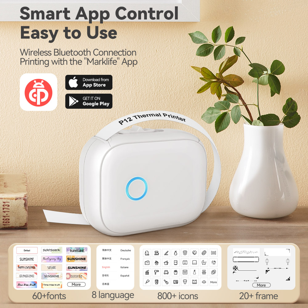 Inkless Thermal Printer P12 Portable Label Printer Bluetooth Wireless