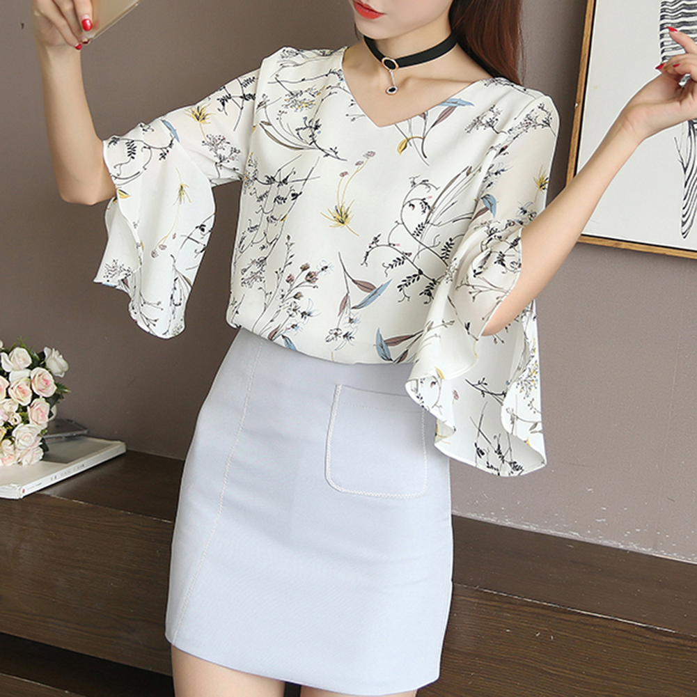 Women Shirts Floral Black Office Quatily Clothes Collar Neck