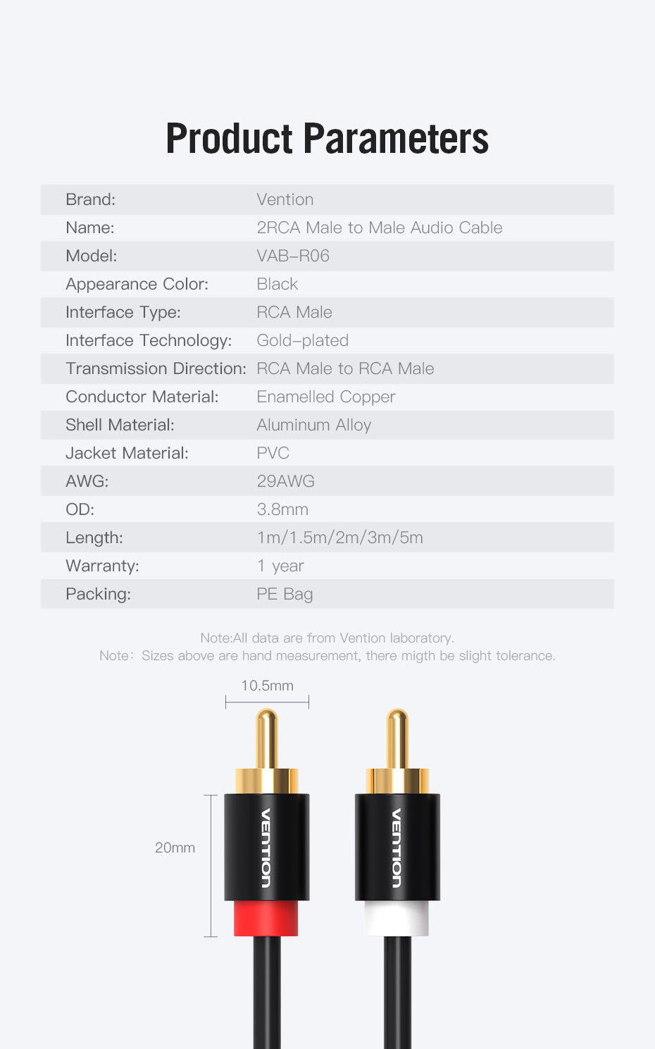 Ugreen 2RCA Male To 2RCA Male Stereo Audio Cable Gold Plated For Home