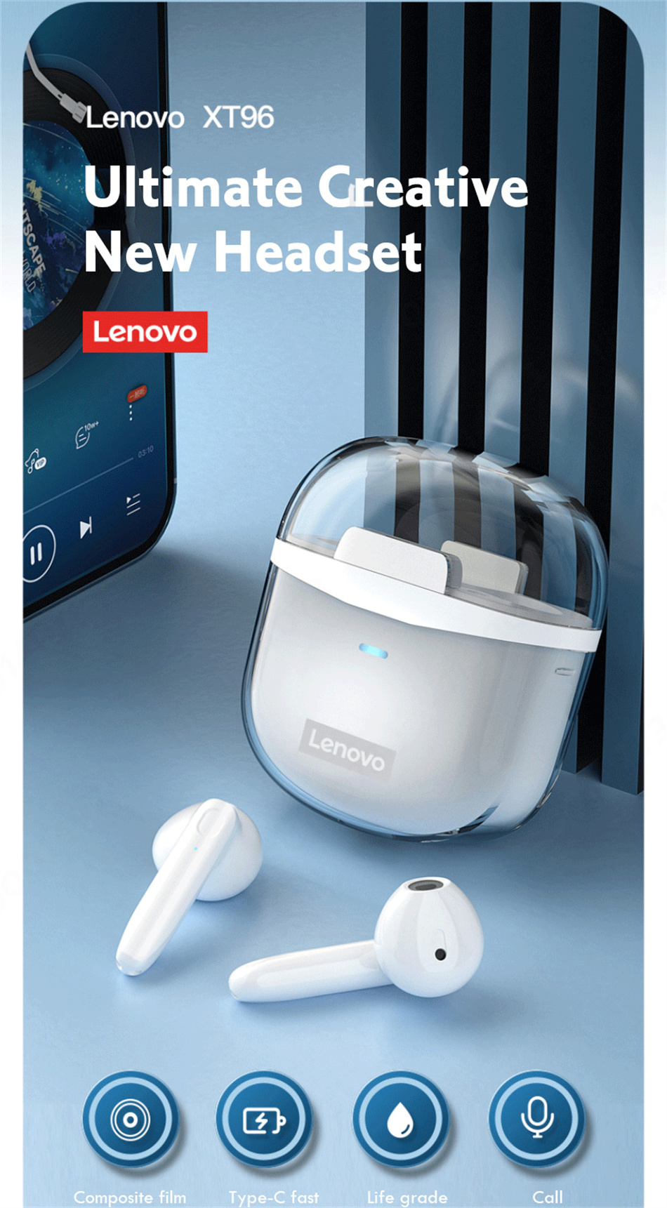 Lenovo thinkplus XT96 TWS Bluetooth headset new design gaming headset ...