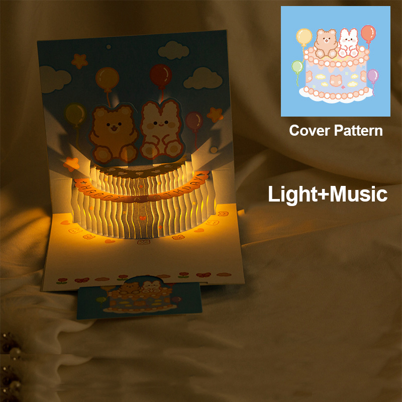 3D Music Card Pop Up Cake Musical Light Greeting Card Cute Bear Cartoon ...