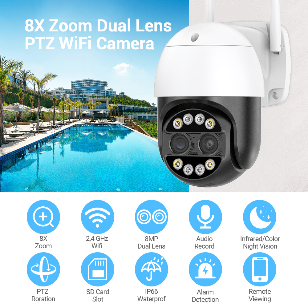 Hamrol 4K 8MP Dual Lens 8X Zoom PTZ Wifi IP Camera Outdoor Waterproof ...