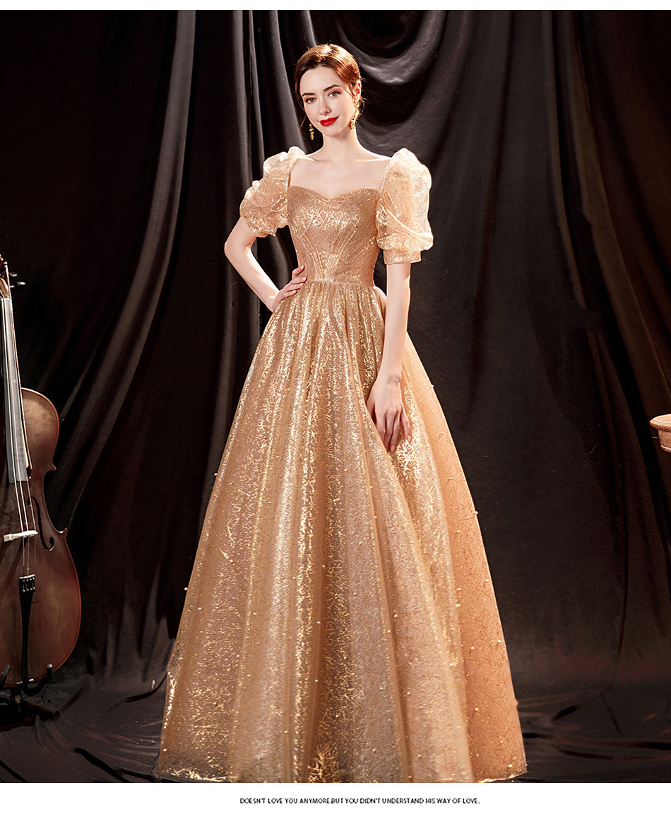 Gold Embroidered Puff Sleeve Cocktail Dress main image 1