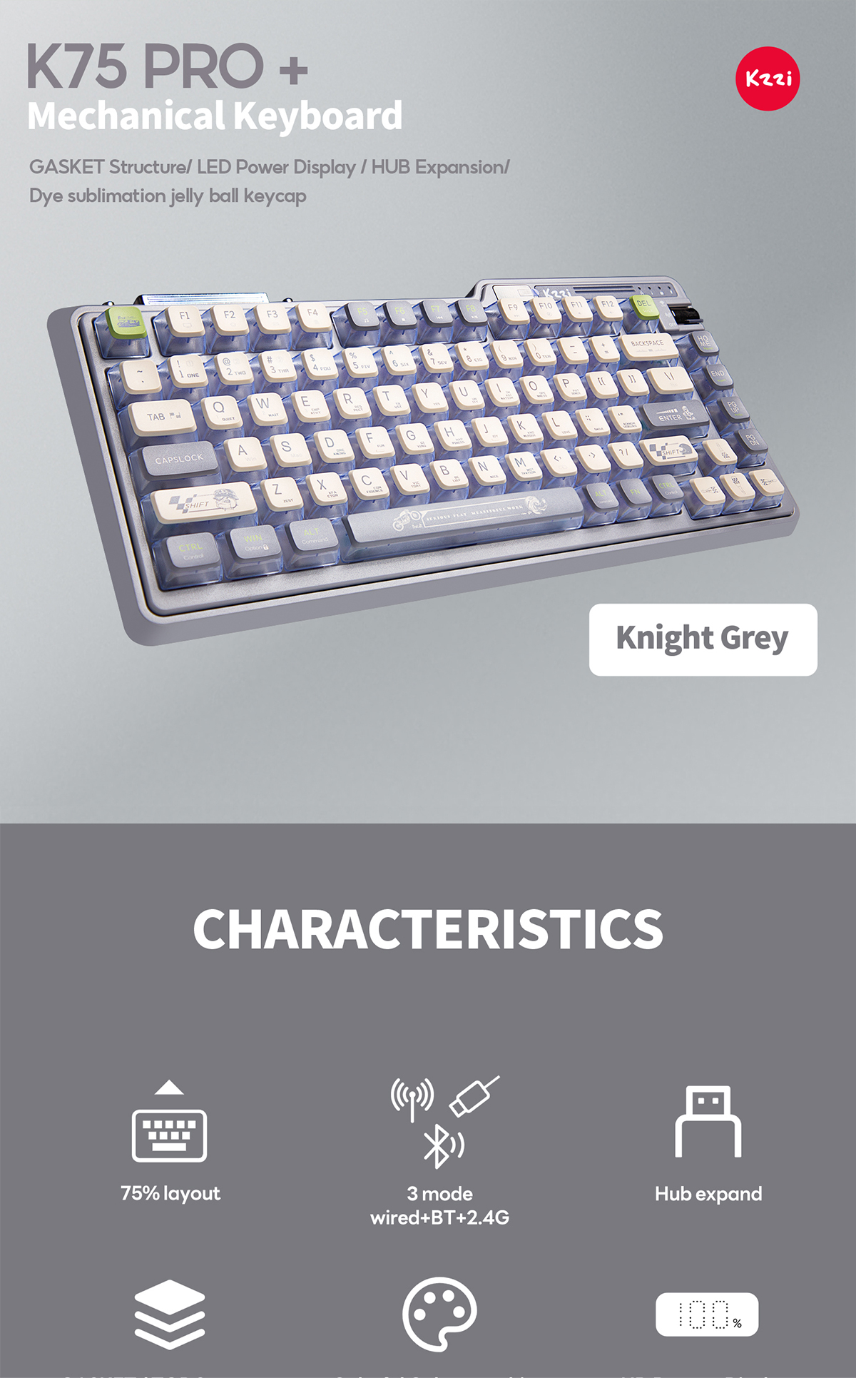 KZZI Kezhi K75Pro+ Knight Grey Wireless Three-Mode Mechanical Keyboard ...