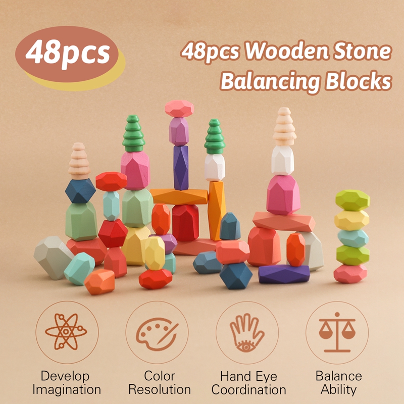 Mamimamihome Children's Wooden Colored Stone Building Block Educational ...