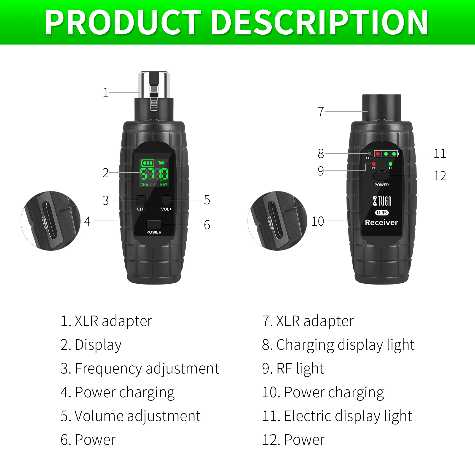 XTUGA U95 Wireless XLR Transmitter and Receiver UHF Wireless Guitar ...