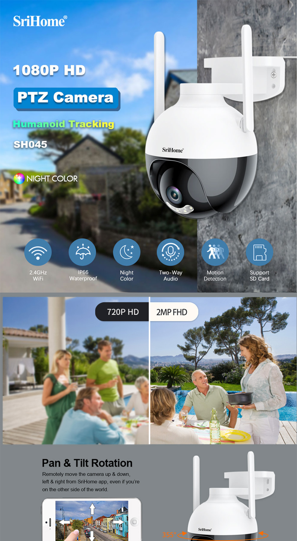 SRICAM Srihome SH045 2MP 1080P PTZ Camera Outdoor IP Camera with ...