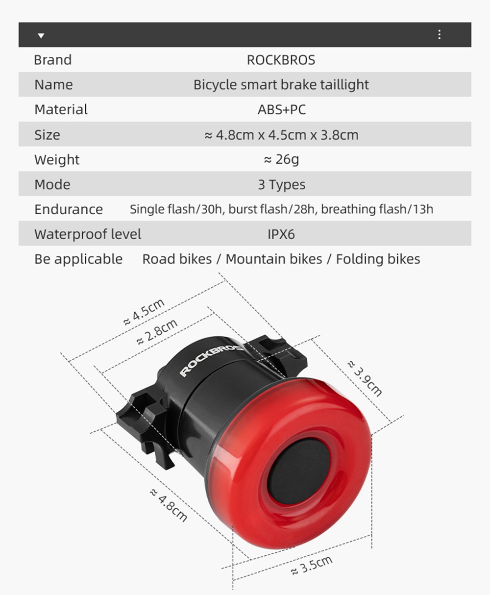 【PH Delivery】ROCKBROS Bike Tail Light Smart Brake Sensor Taillight ...