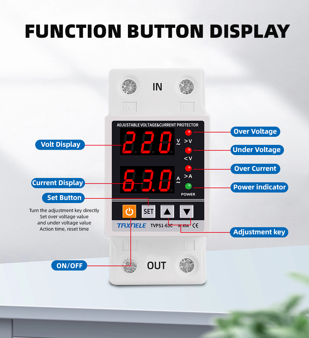 TAXNELE Dual Display 40A 63A 230V Din Rail Adjustable digital Over ...