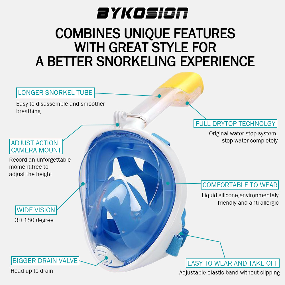 BYKOSION Full Face Snorkeling Set Easy Breathing Diving Mask Anti Leak ...