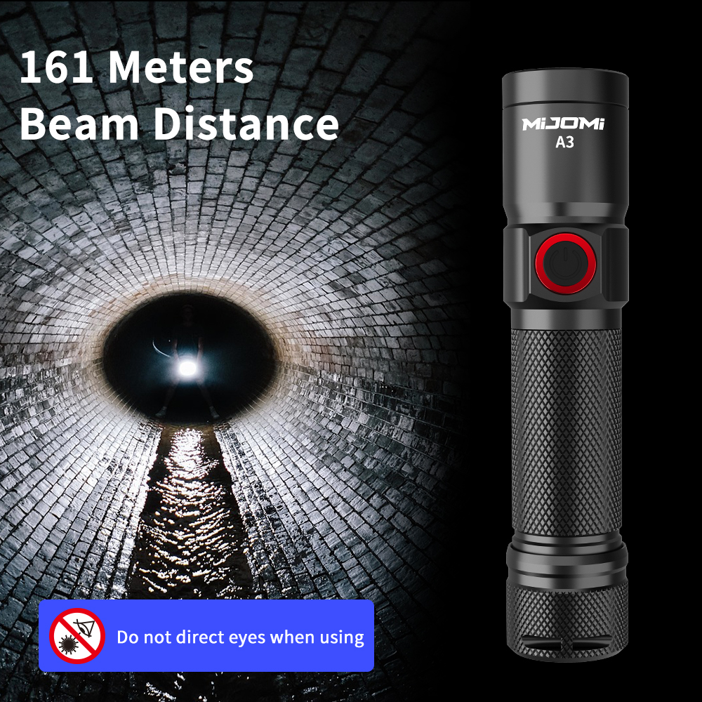 Mijomi A3 Flashlight 300 Lumens Brightness 161m Beam Distance 18650 ...