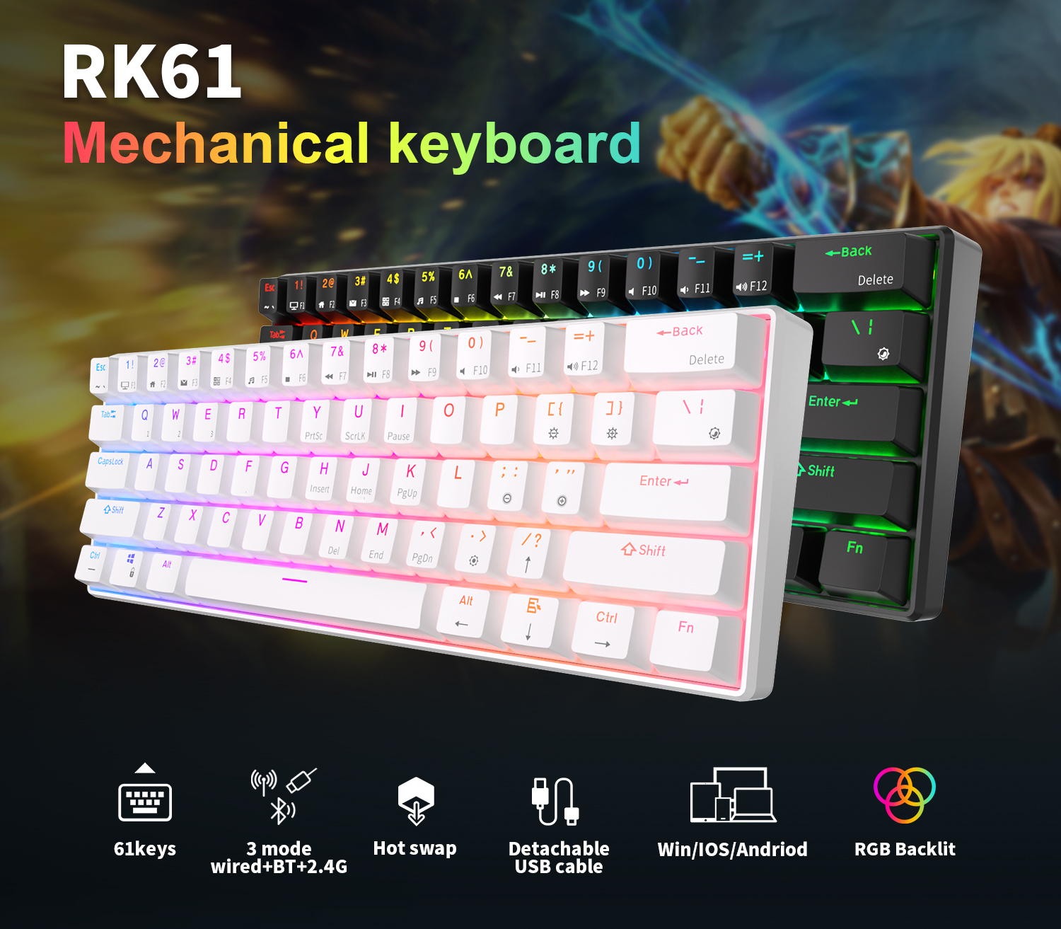 RK ROYAL KLUDGE RK61 Three Mode Hotswap RGB Backlit 2.4g Wireless ...
