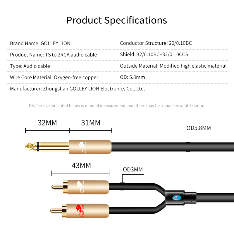 GOLLEY LION RCA Cable HiFi 2RCA to 1/4 TS Audio Cable RCA Jack 6.35mm Y ...