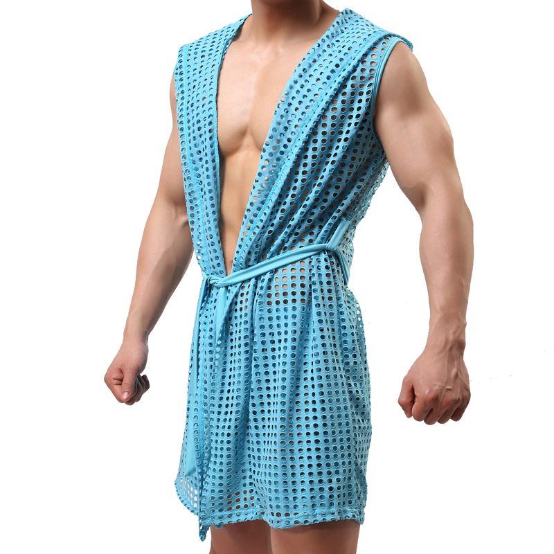 Men Mesh Robes Sexy Man Fishnet Bathrobe Long Robe Sleepwear Sleep ...