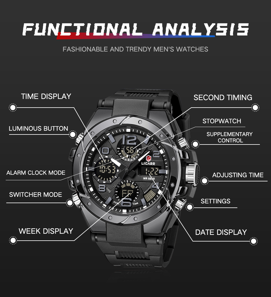 LICARR Brand Original Men's Watch Digital Sports Waterproof Fashion Men ...