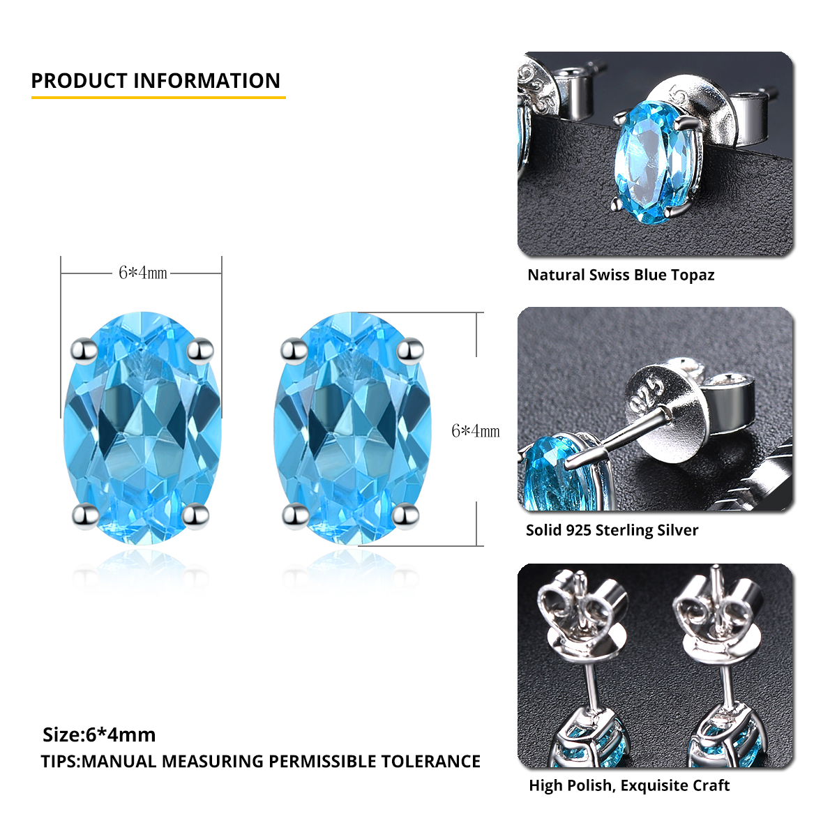 Oval 6x4 Genuine Blue Topaz Stud Earrings Solid 925 Sterling Silver ...