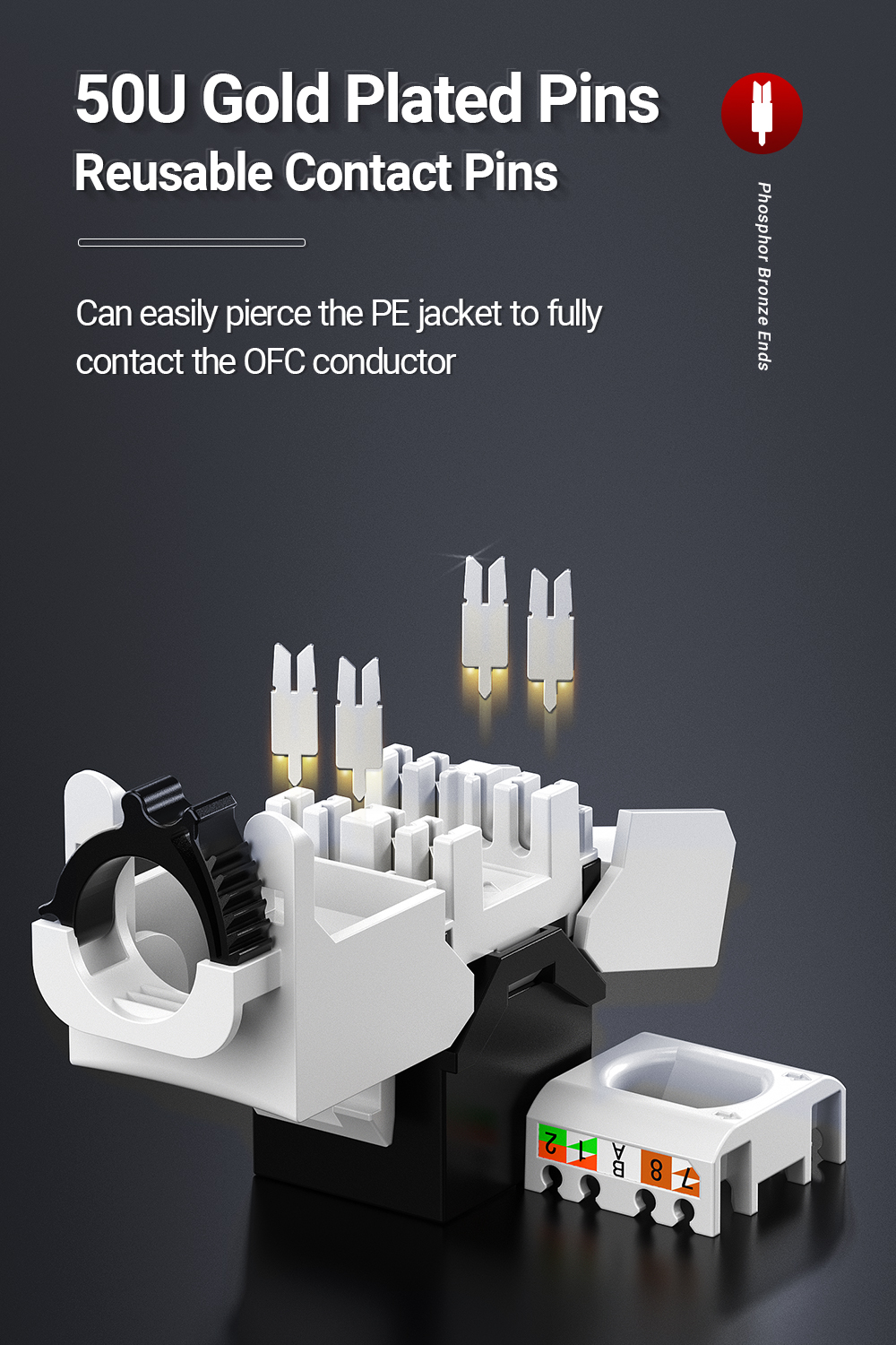 AMPCOM CAT6 RJ45 Keystone Jack, Ratchet Lock UTP Toolless Modular ...