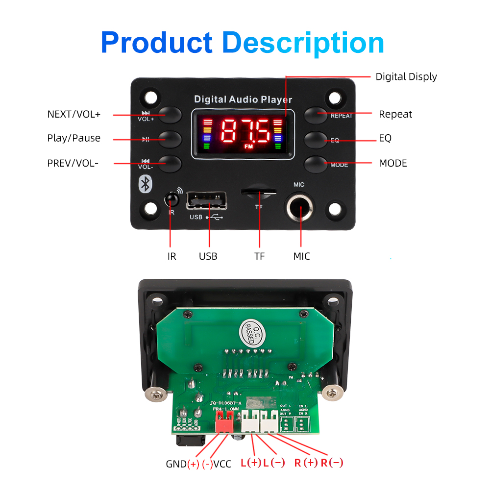 thumbnail image 2 of 9V-12V MP3 WMA Decoder Board – USB/TF/Radio/Bluetooth Audio Module For Car Or DIY 2 of 6