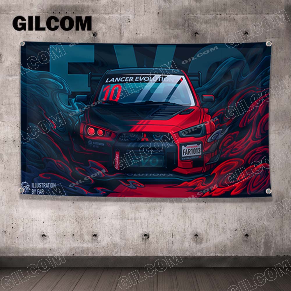 Cartoon Racing Poster Flag Subaru BRZ Lancer Evolution Supra Mercedes ...