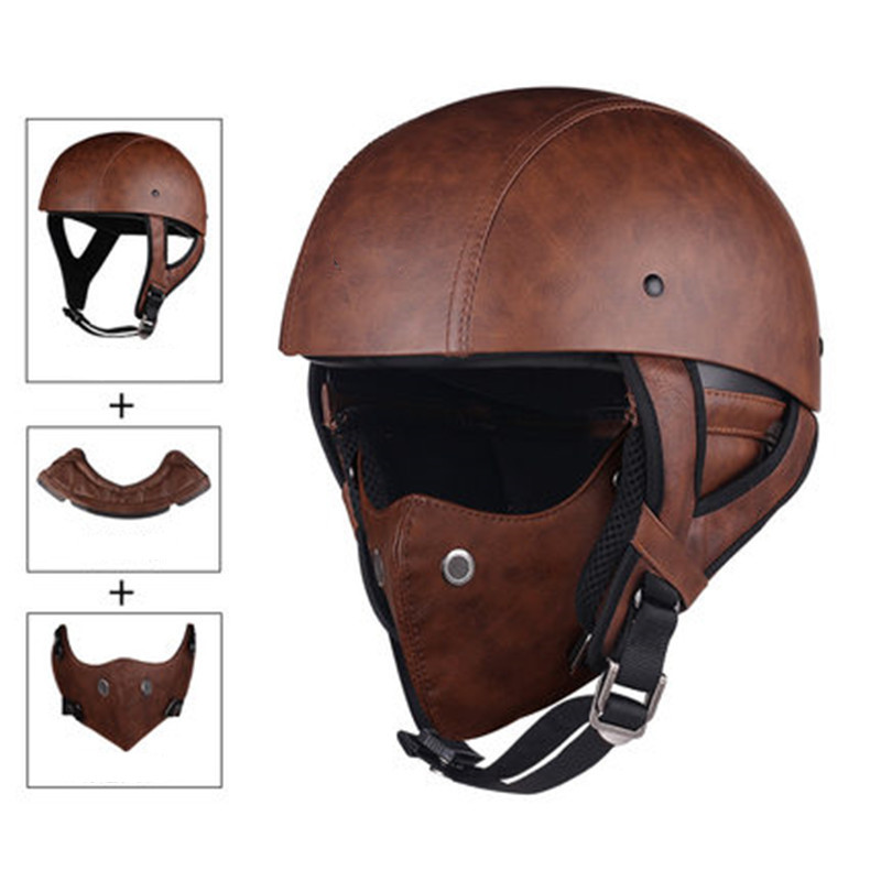 Brown Pu leather Skull Cap Motorcycle Helmet Vintage Half Face Helmet Retro German Style chopper Cruiser Shopee Philippines