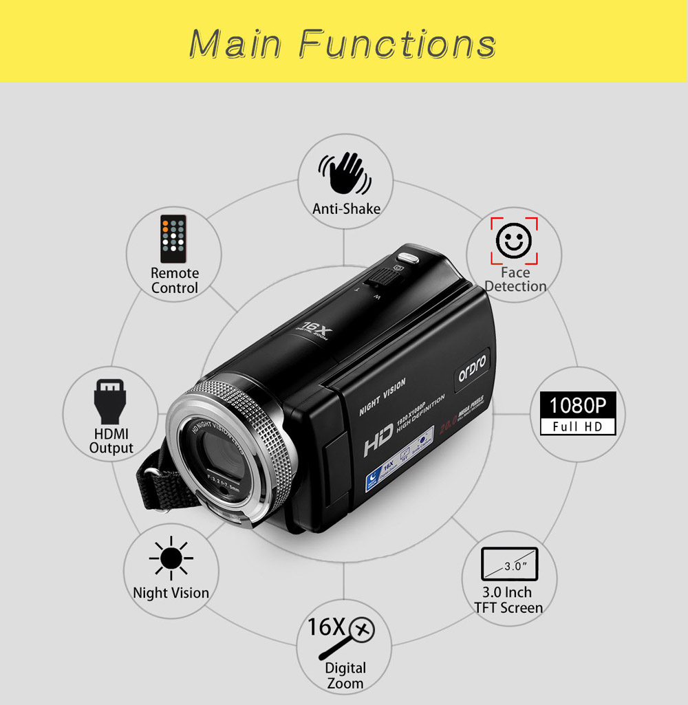 Ir Camcorder ORDRO Camcorders HDV-V12 HD 1080P Video Camera Recorder  Infrared Night Vision Camera Camcorders With 16g Sd Card And 2 Batteries  Model Name