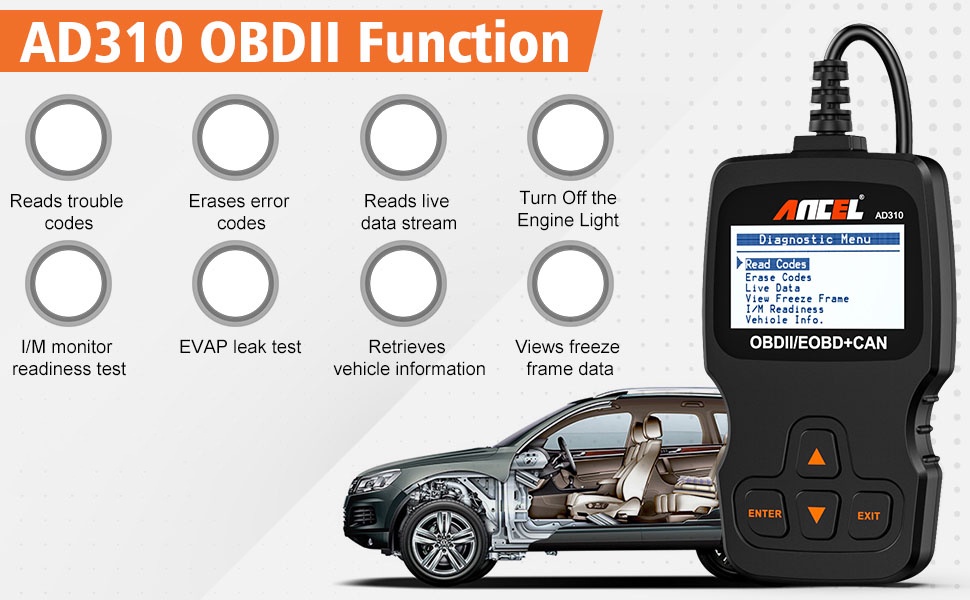 ANCEL AD310 12V Automotive Basic OBD2 Scanner Turn Off Engine Light ...