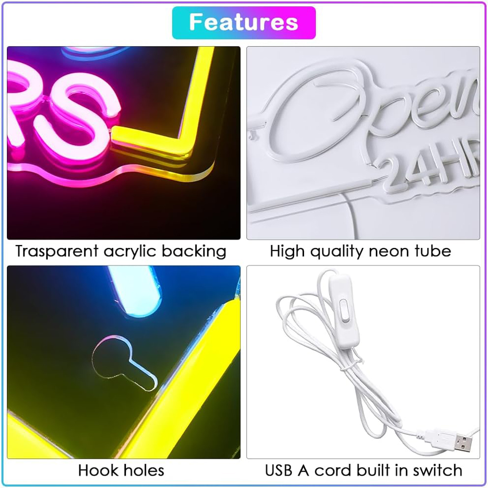 Open 24 HRS Neon Sign Led Neon Lights for Wall Decor USB Light Up Signs ...