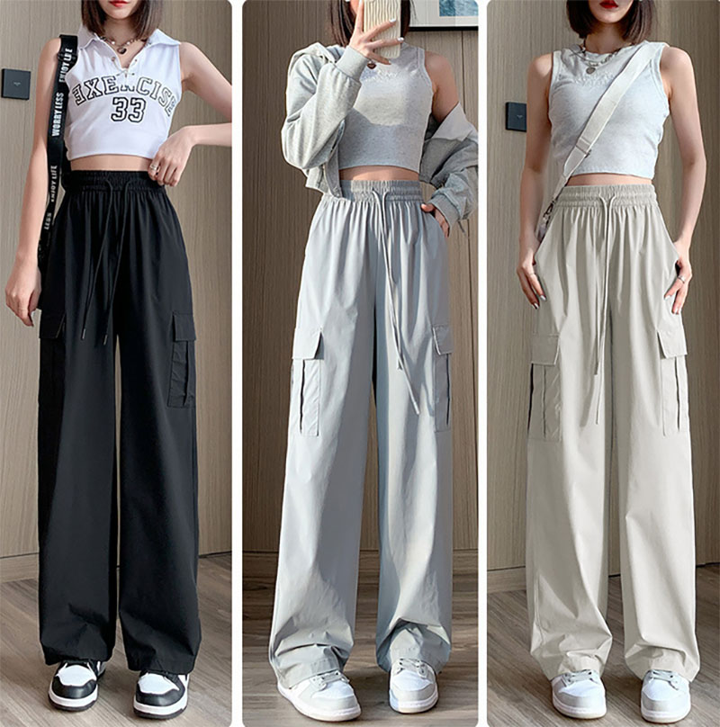 Girls Quick Dry Overalls Women's Loose Design Casual Wide Leg Pants Drawstring Belt Trousers