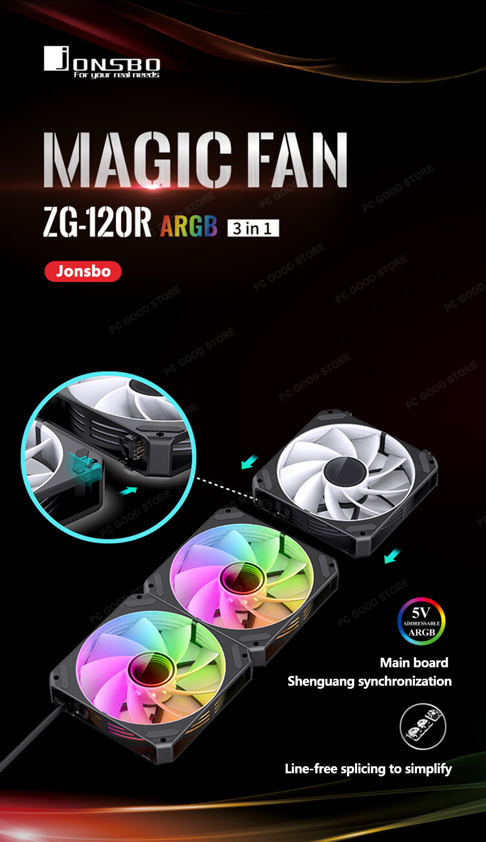 JONSBO ZG-120BR 3in1 120mm Computer Case Fan 5V/3Pin ARGB Wire-free ...