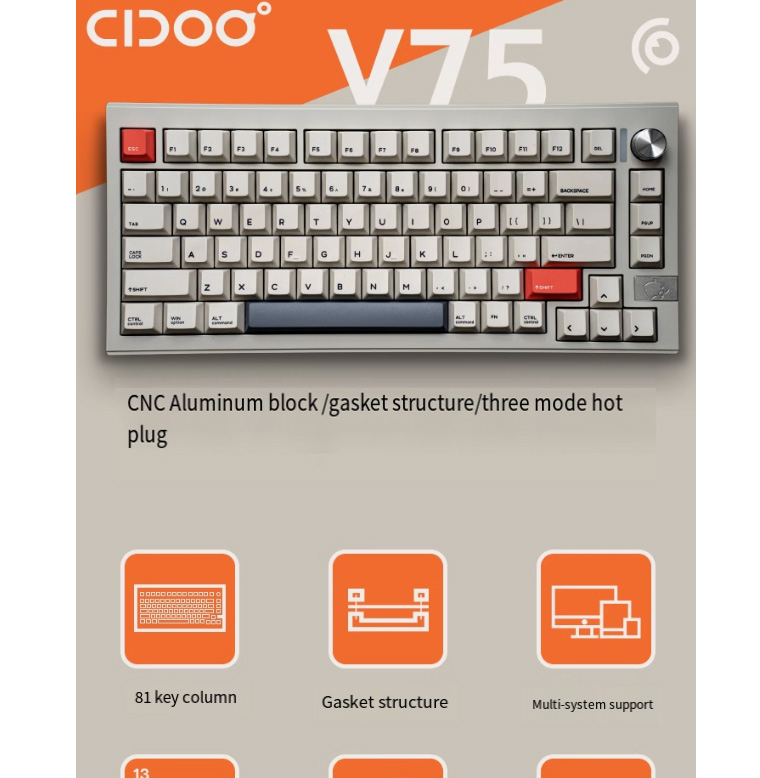 Cidoo V75 Three-Mode Customized gasket Aluminum Tuo Mechanical Keyboard ...