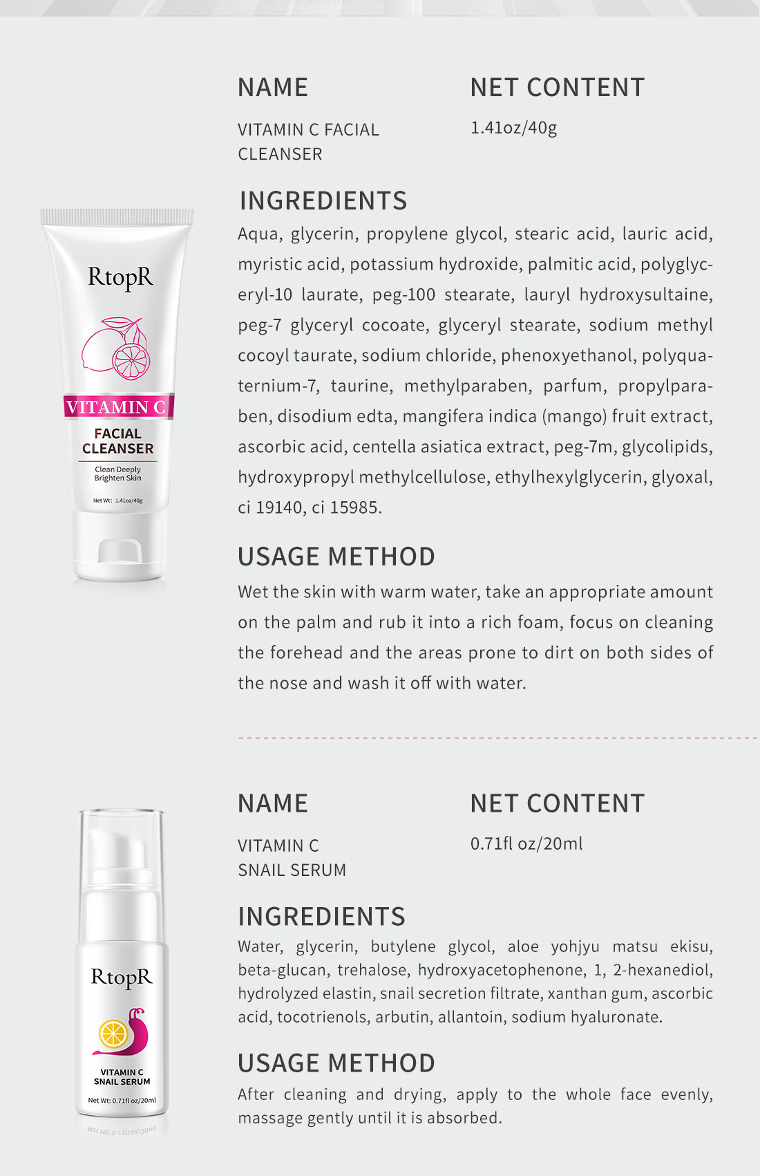 RtopR FDA Soothing And WhiteningCream VC Essence Cleansing Gel Anti ...