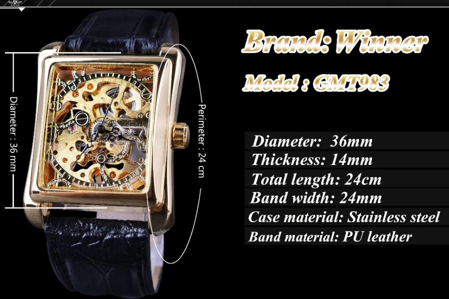 Original WINNER Watch Retro Casual Series Rectangular Dial Design Gold ...