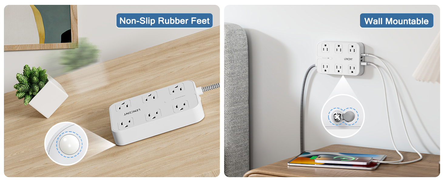 LENCENT 2 Prong Power Strip, 3 to 2 Prong Outlet Adapter, Two Prong Surge Protector, 6ft Braided