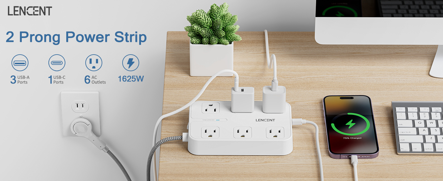 LENCENT 2 Prong Power Strip, 3 to 2 Prong Outlet Adapter, Two Prong Surge Protector, 6ft Braided