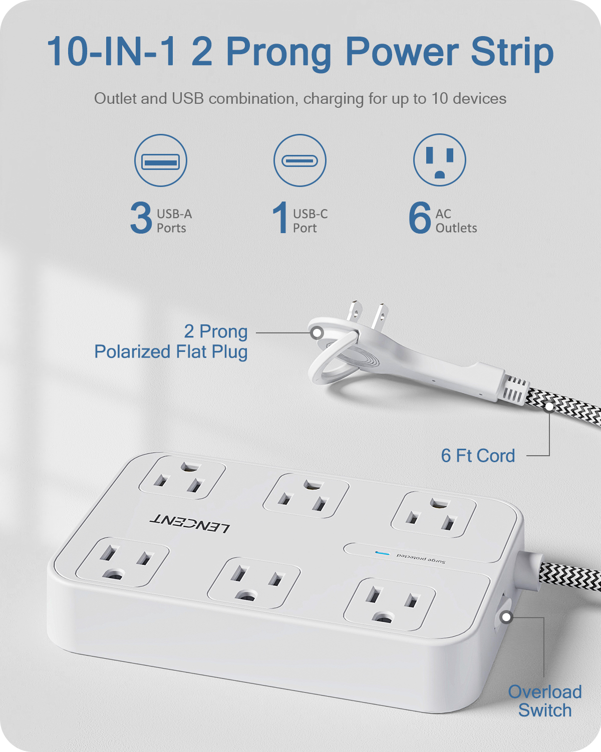 LENCENT 2 Prong Power Strip, 3 to 2 Prong Outlet Adapter, Two Prong