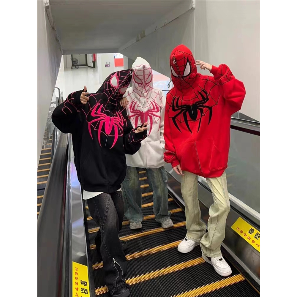 American Retro Zipper Street Spider-Man Embroidered Hoodie Couple Loose ...