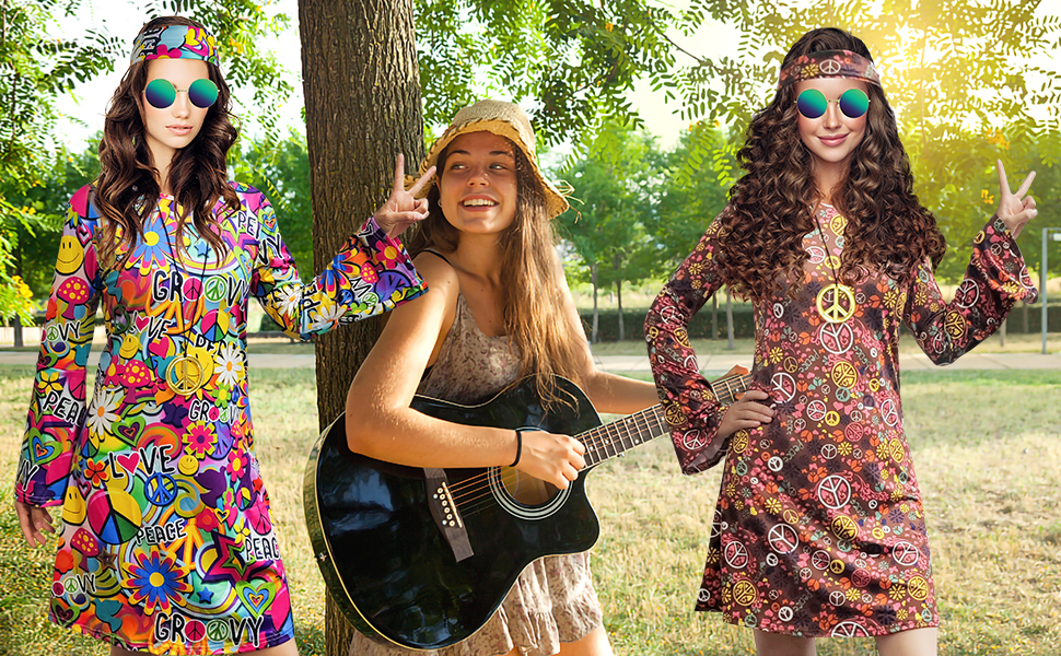 thumbnail image 2 of Girls 60s 70s Hippie Costume Dress - Disco Outfit With Accessories For Kids 2 of 12