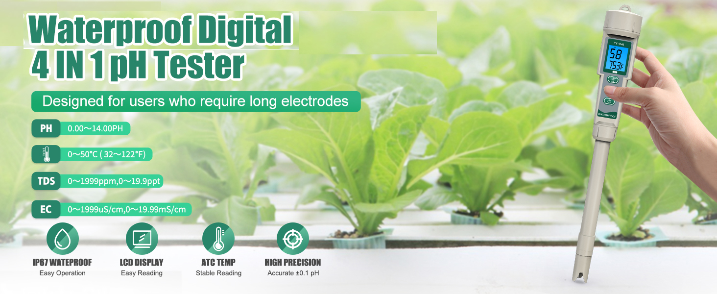 PPM Meter hydroponics, 4 in-1 EC TDS Temp pH Tester for Water ...