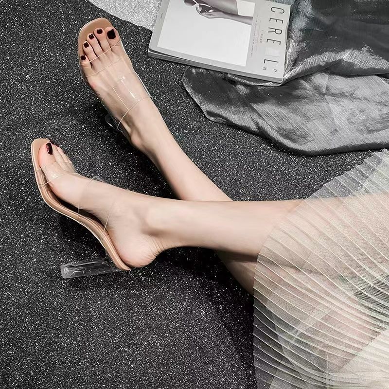 Women's Chunky Heel Crystal Transparent Sandals