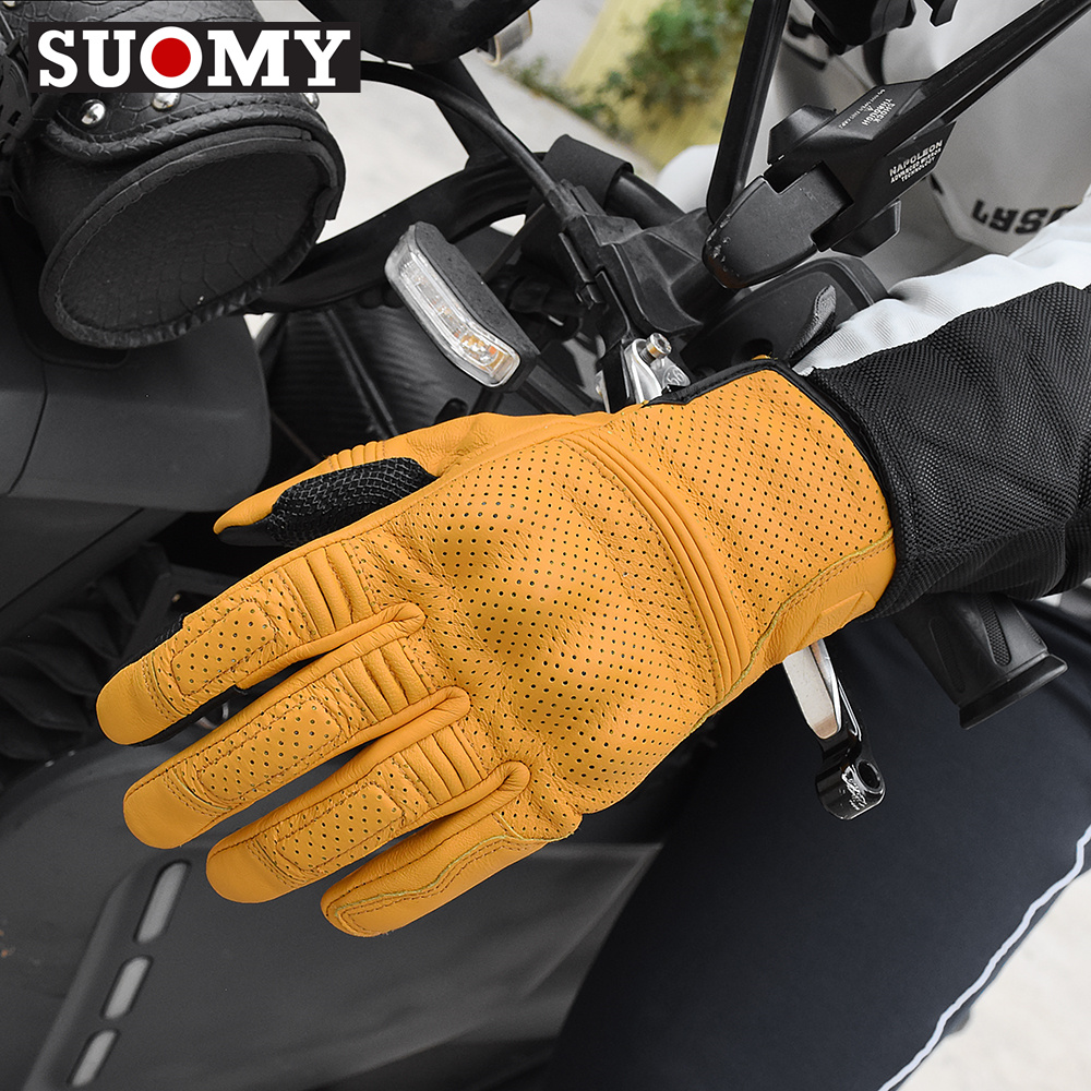 SUOMY Retro Motorcycle Leather Gloves Summer Breathable Men's Nostalgic ...