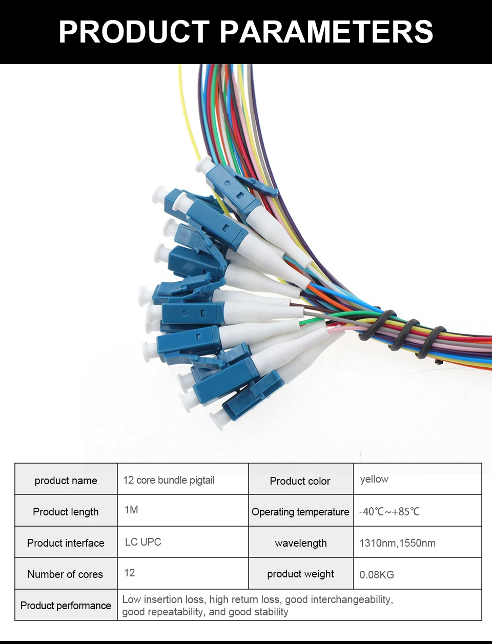 JT-COM Fiber Optic Pigtail LC-UPC (Blue) Single Mode 12 core (9/125) 1M ...