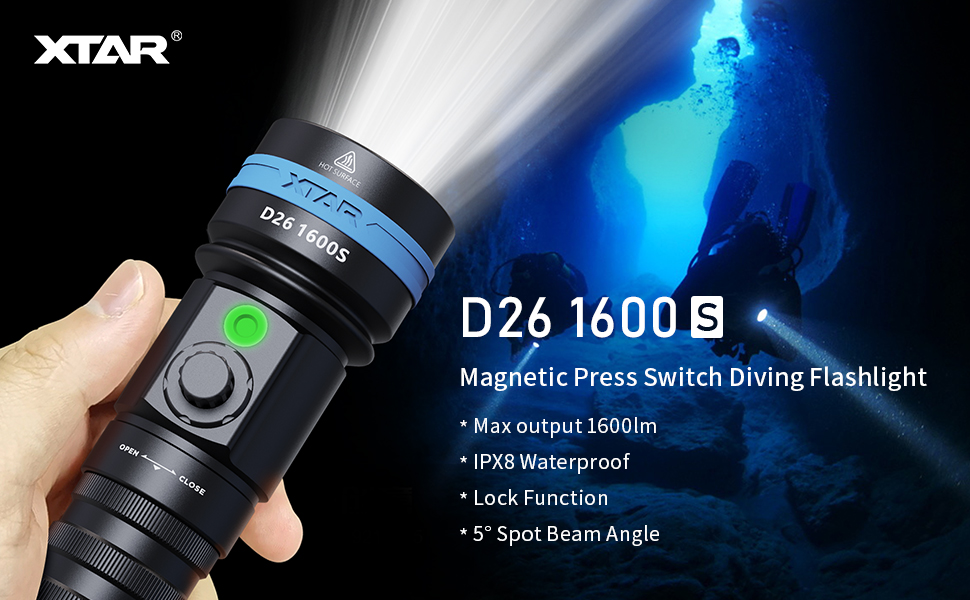 XTAR D26 1600 Lumen Scuba Diving Flashlight Dive Torch Underwater 100 ...