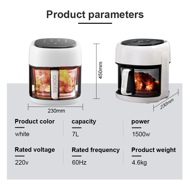 Ookas Air Fryer 7l Visual Glass Digital Touch Screen Smokeless Fully Automatic Non Stick Pan 0579