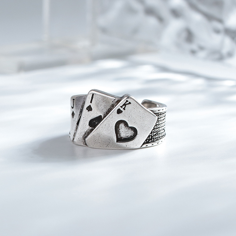 [LK] Retro Unisex Ring Playing Card Adjustable Poker Engraved Open Ring ...