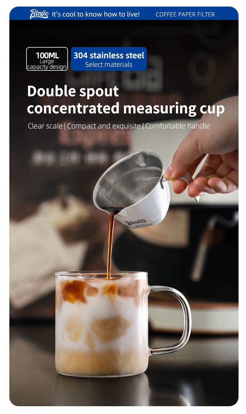BINCOO Espresso Measuring Cup Stainless Steel Graduated Double-mouth ...